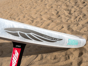 RSPro Fly SUP and Wing foil rail saver installed on a Sunova Foil SUP Downwind board close look