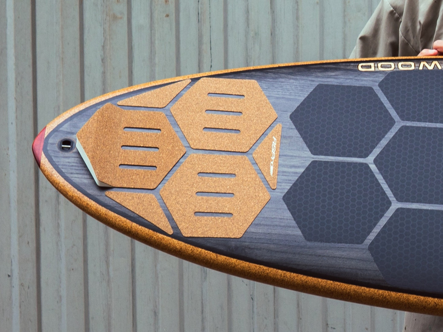 RSPro cork Hexa Tail pad on a wood surfboard