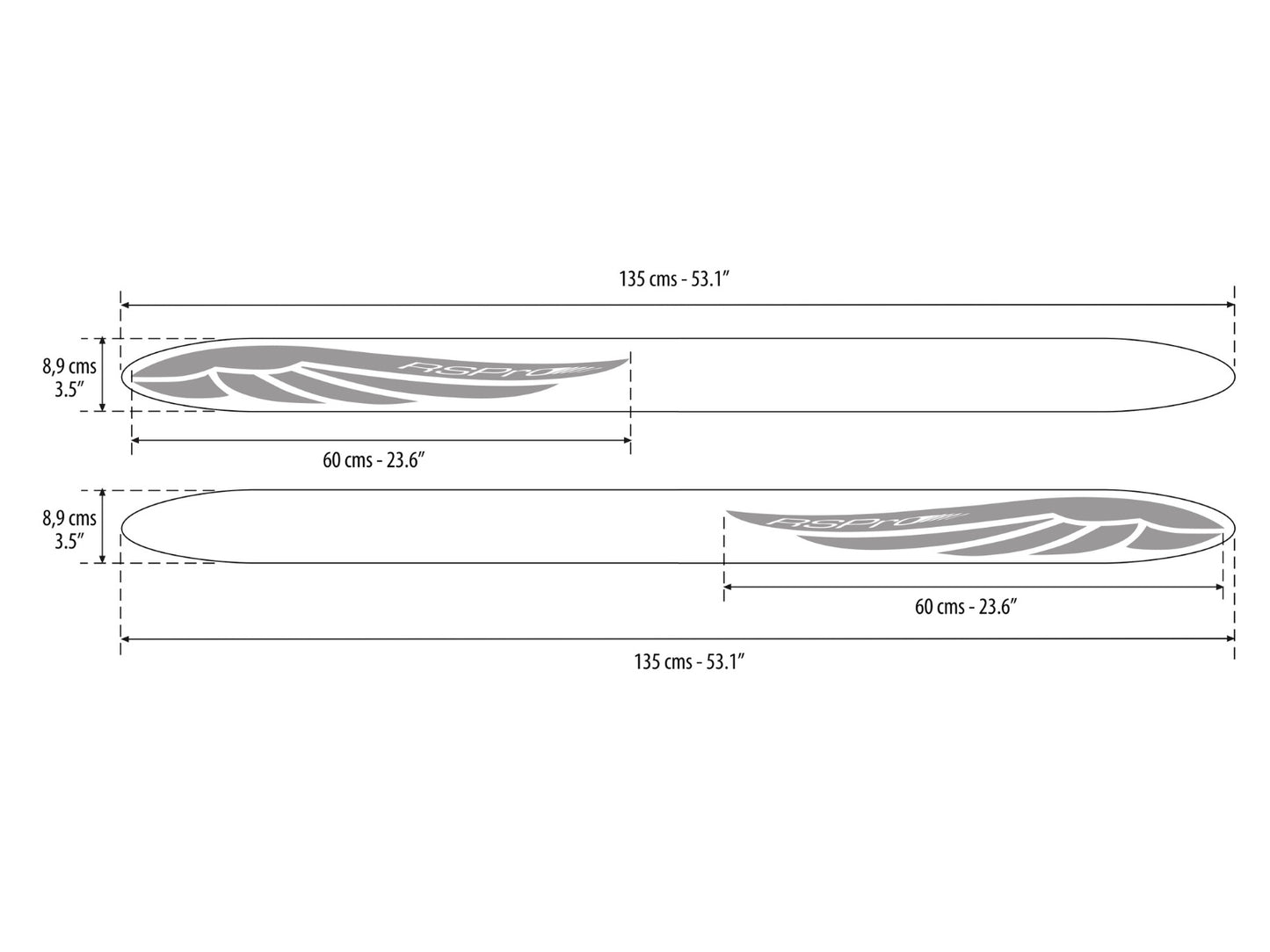 RSPro Fly SUP and Wing foil rail saver main measurements