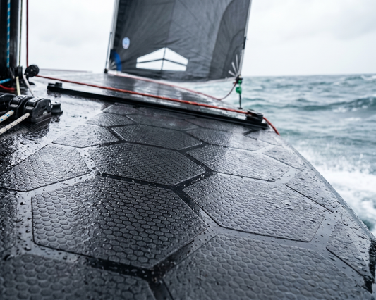 Close-up of a sailboat's deck with hexatraction prodeck grip on a cloudy day