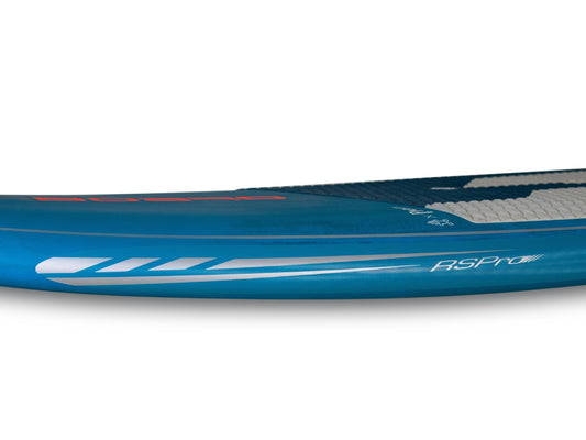 Stripes RSPro SUP rail saver in blue and silver on a Starboard blue SUP board